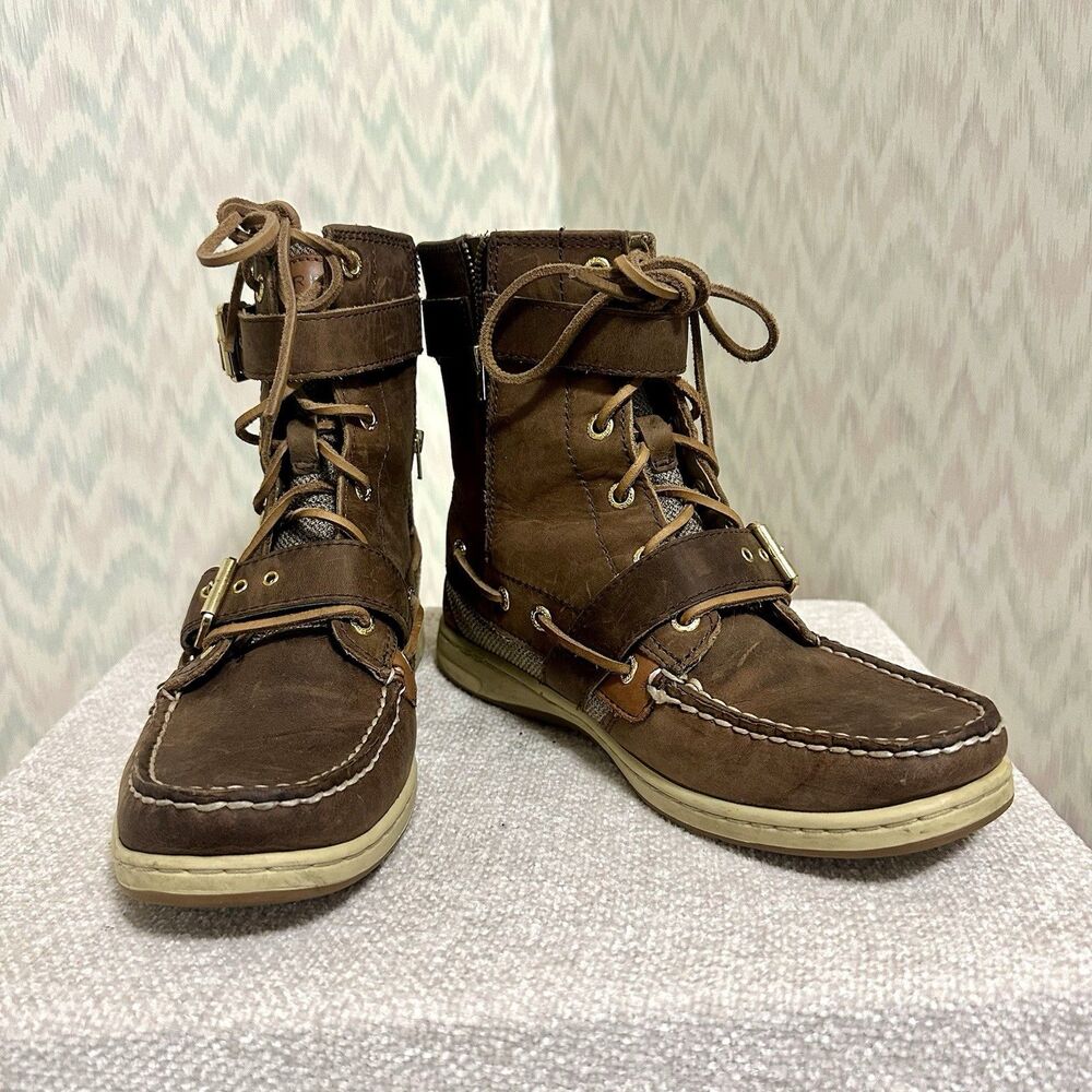 Sperry Top-Sider Womens 8.5 Brown Leather Lace Up Buckle Boat Boots Deck Boot